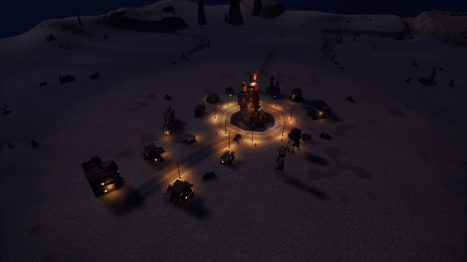 The town at dusk as the street lamps come on