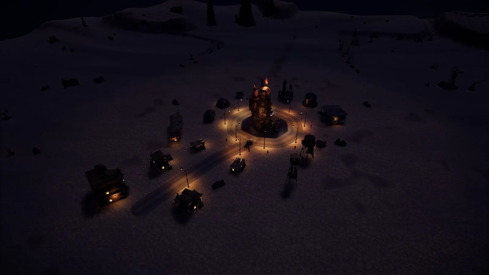 The town at midnight, lit by lamps around the Rig