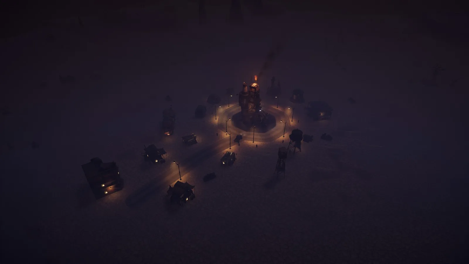 The town in a sandstorm at night, only the lamps showing