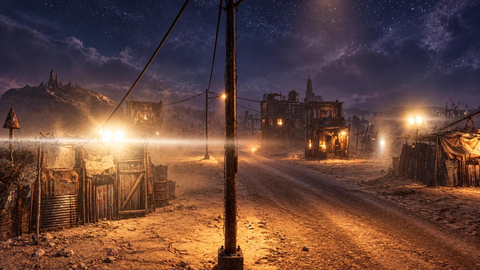 A street of scrap houses at dusk, lit by lamps and work lights