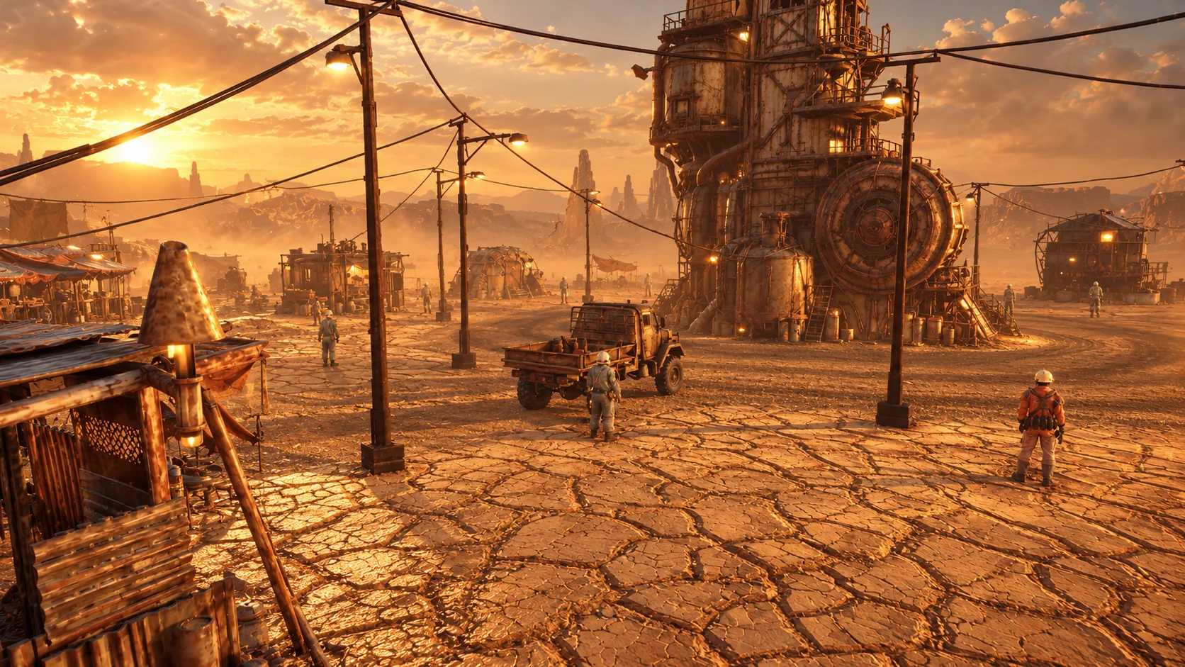 Townspeople and a truck on the cracked square beneath the Rig