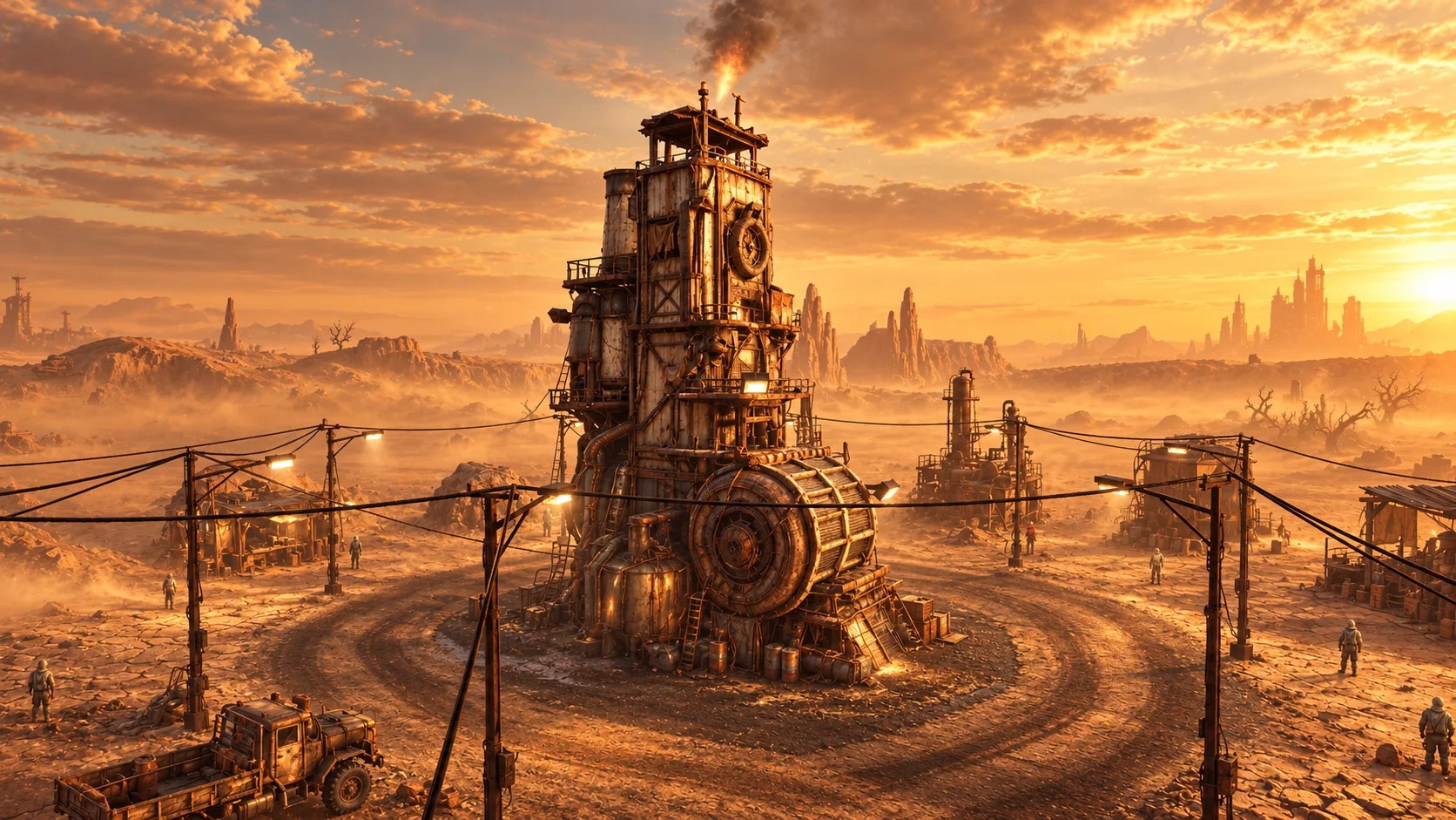 The Rig at golden hour, ringed by street lamps and cables