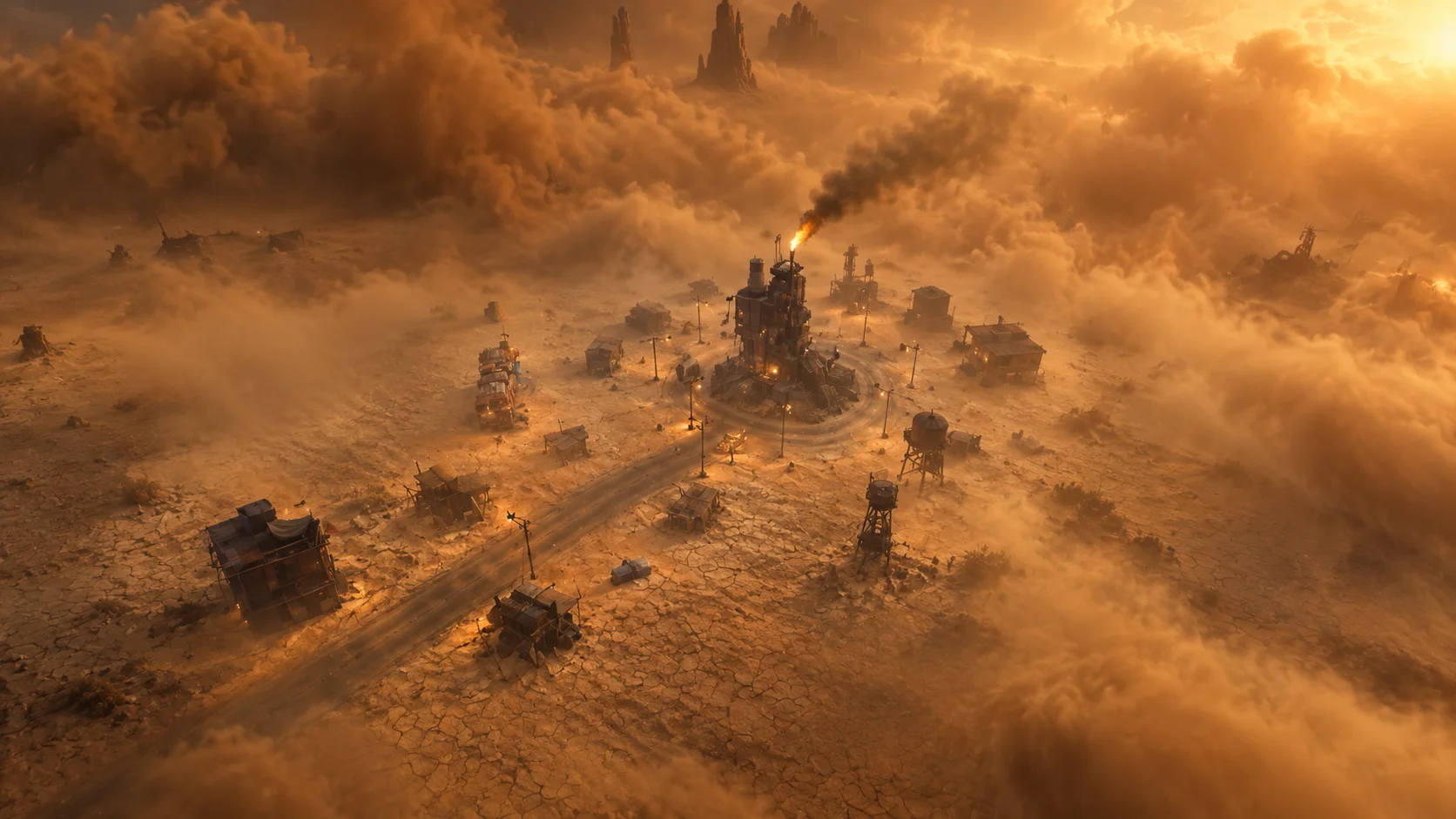 The whole town seen from above, half lost in a sandstorm