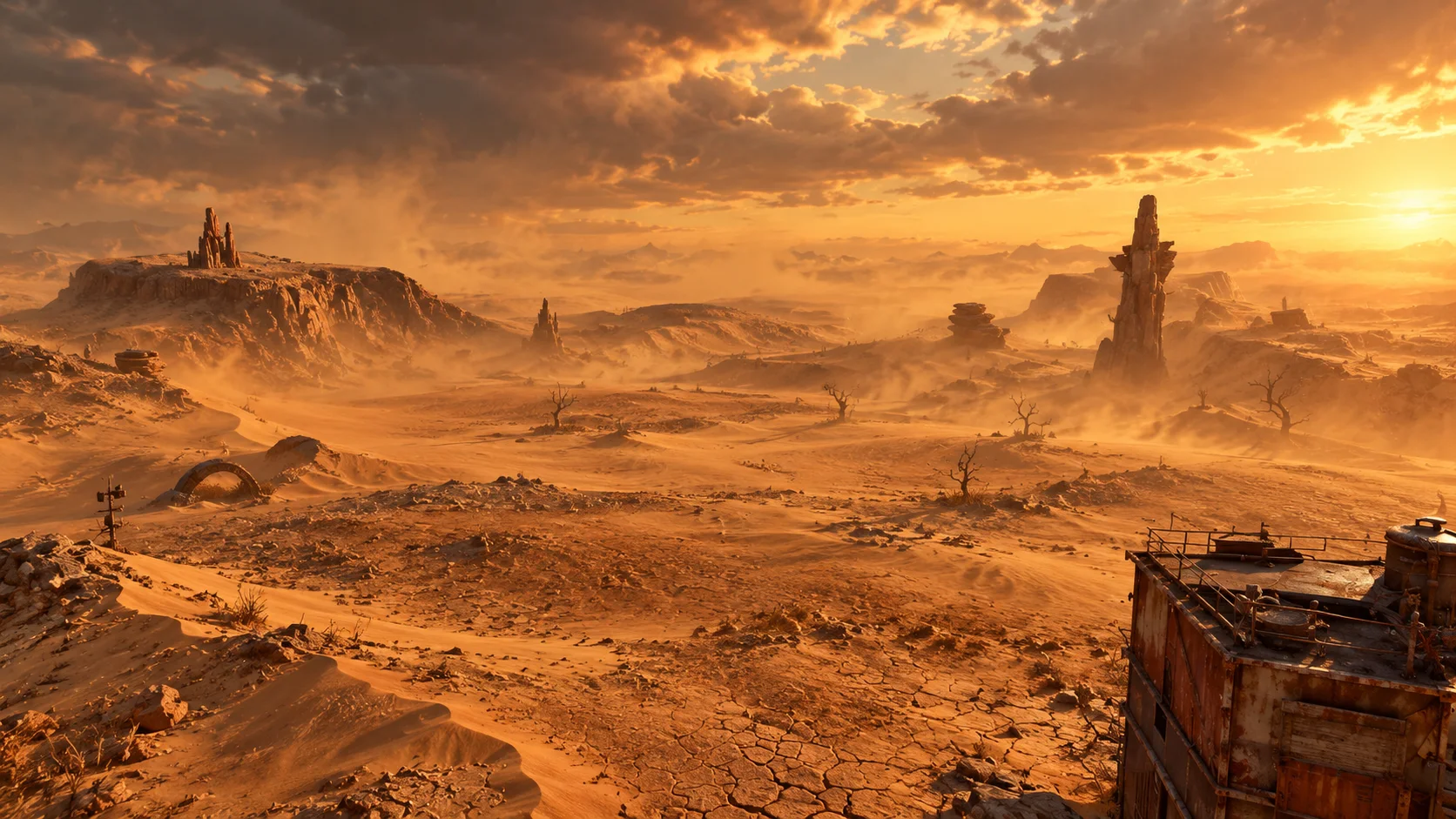 Open desert and rock spires beyond the edge of town